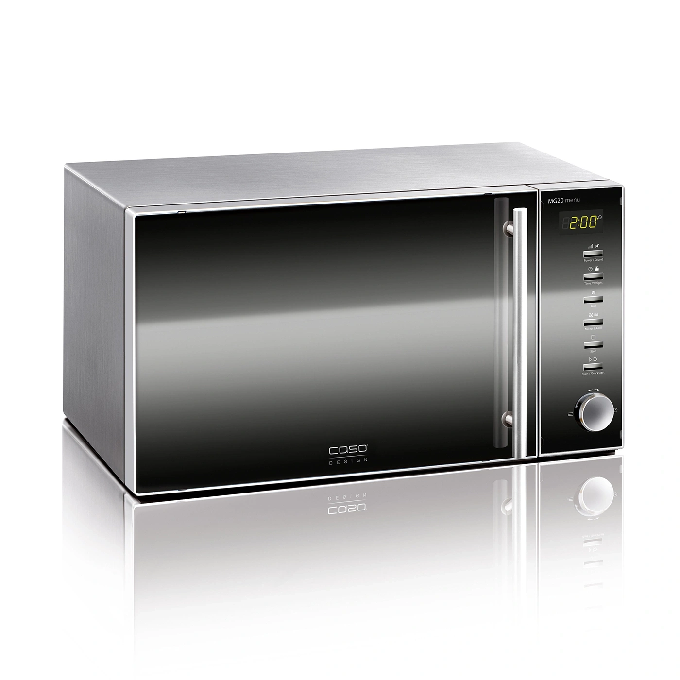 Microwave Caso MG20 menu, stainless steel, black, design, control panel, digital display, kitchen appliance