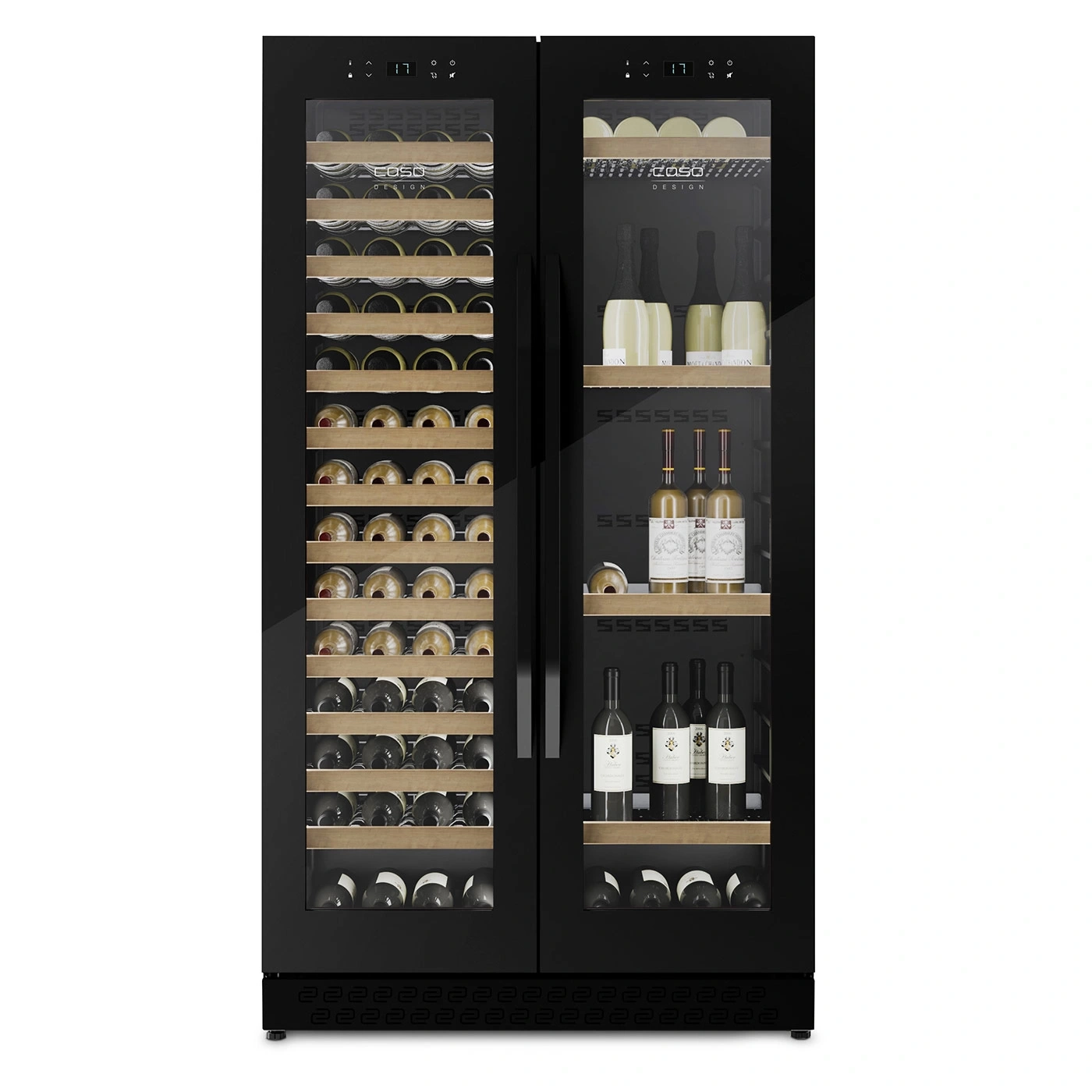 Schwarzer Weinkühlschrank mit Glasfront und Holzregalen, gefüllt mit Weinflaschen.