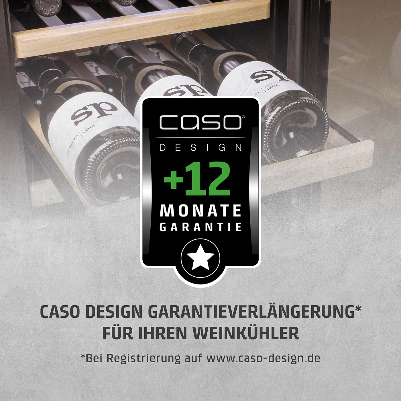 Weinkühler mit Garantie-Hinweis von Caso Design, 12 Monate Garantie.