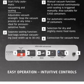 Vacuum sealer with features: vacuum, seal, manual, canister, dry/moist food.