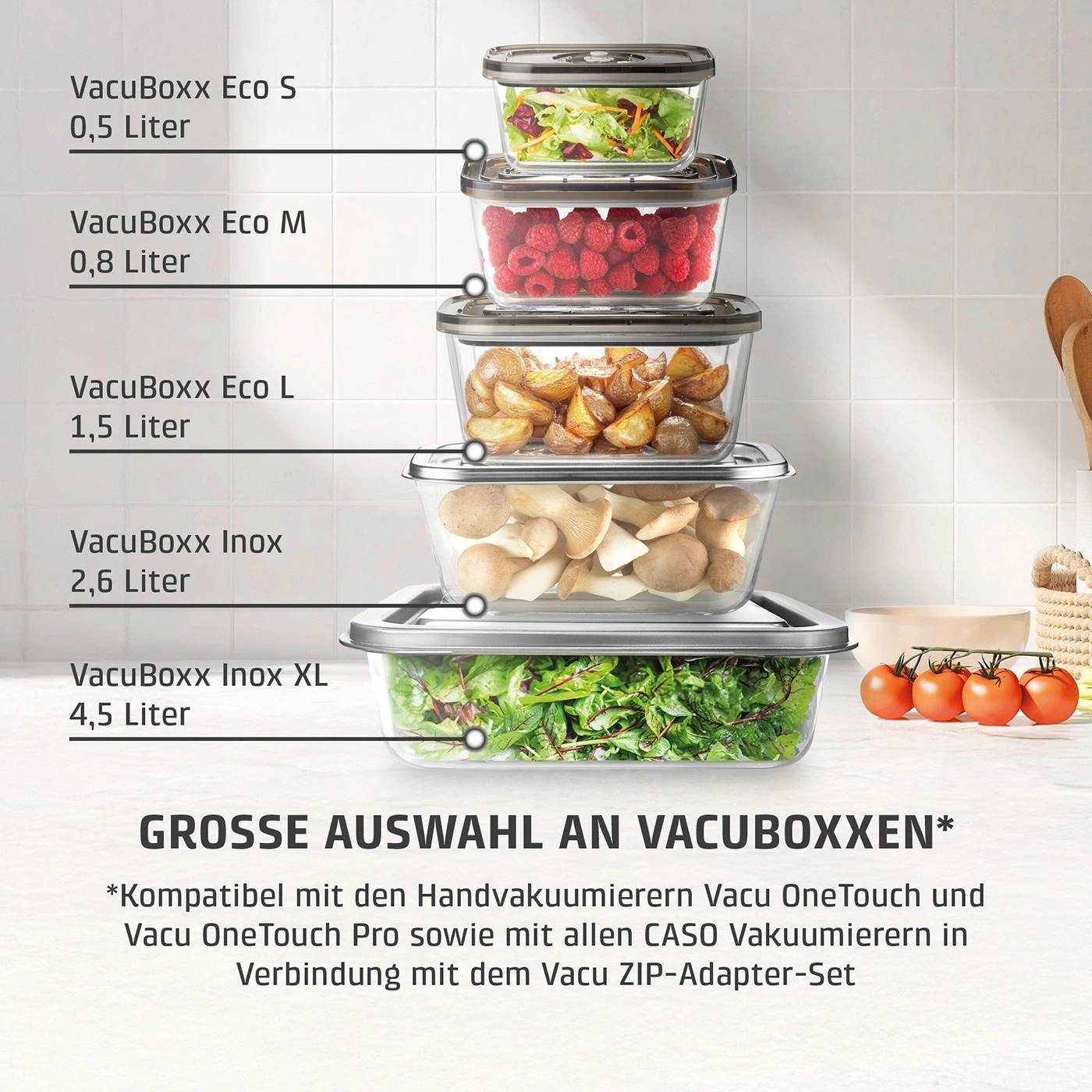 Verschiedene Vakuumboxen von VacuBoxx mit Lebensmitteln gestapelt