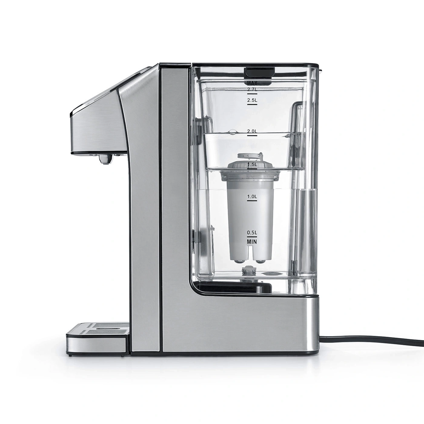 Stainless steel water filter with transparent water tank and filter. Modern design.