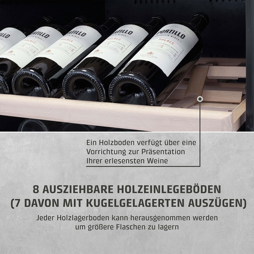 Wine cooler with wooden shelves and wine bottles, presentation of wines, storage