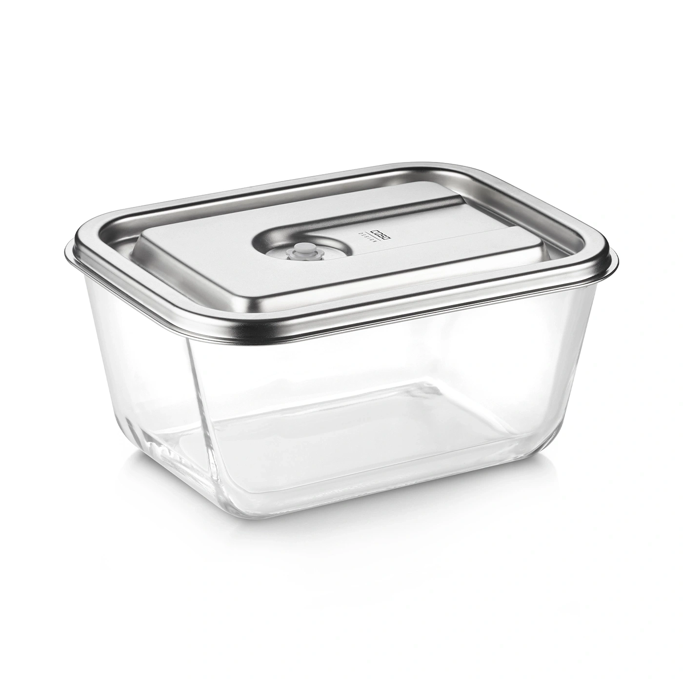 Glass container with metal lid, rectangular, transparent, isolated on white background