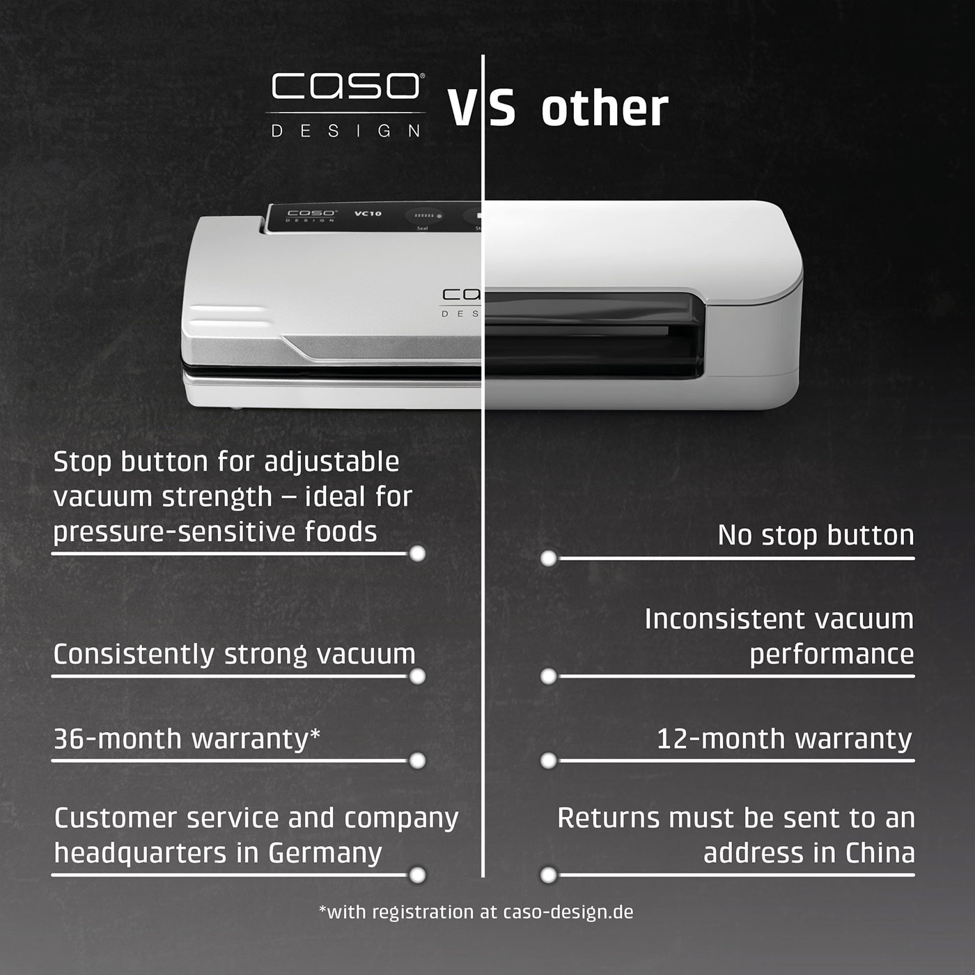 Comparison of Caso vacuum sealer with others: stop button, warranty, customer service.
