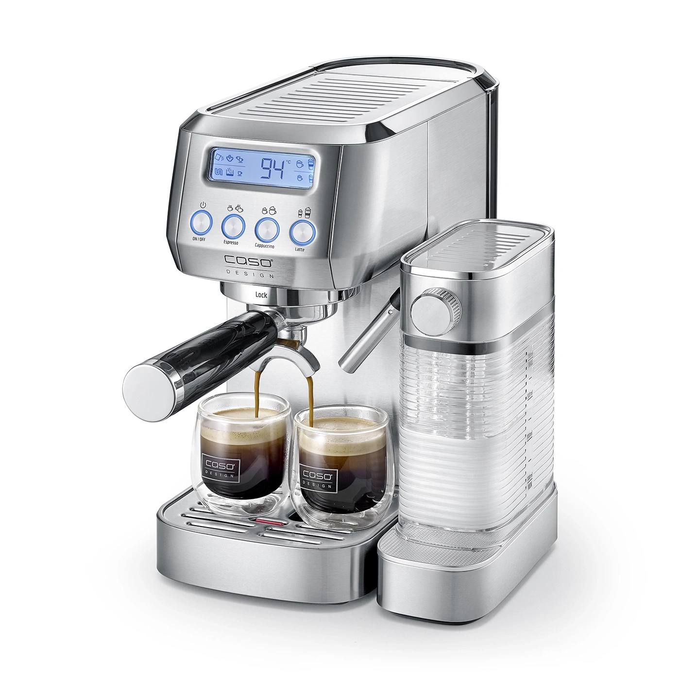 Kaffeemaschine mit zwei Gläsern, Espresso, Cappuccino und Latte-Funktion, Temperaturanzeige.