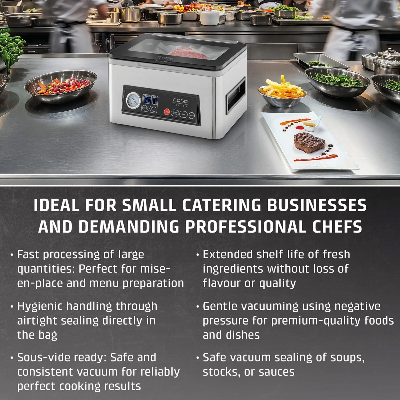 Vacuum sealer in a kitchen, ideal for small restaurants and professional chefs.
