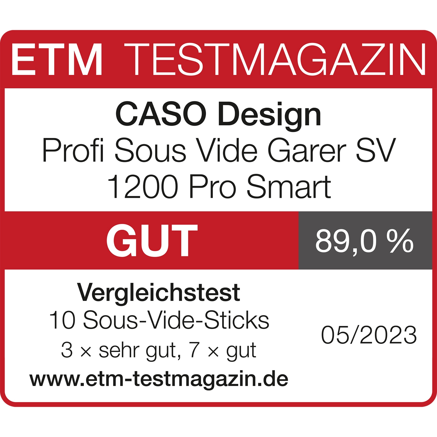 ETM Testmagazin Bewertung: CASO Design Profi Sous Vide Garer SV 1200 Pro Smart, Note GUT, 89,0%, 05/2023