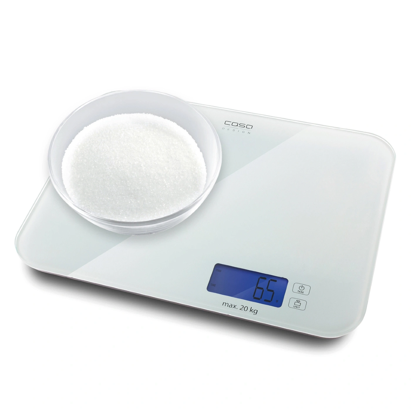 A kitchen scale with a bowl of sugar, displaying 65 grams on the screen.