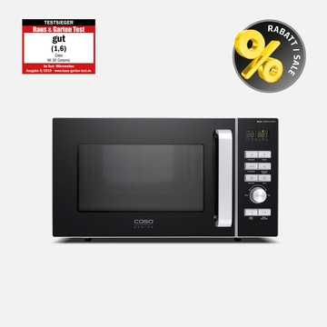 A black Caso microwave oven with a silver handle and control panel.