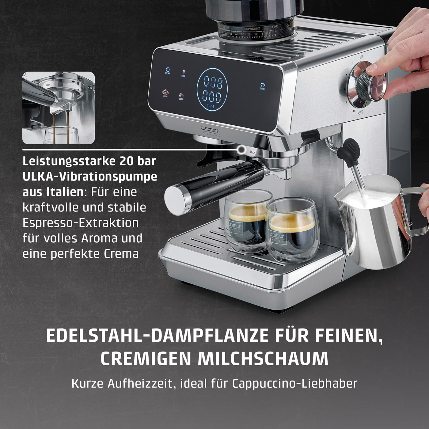 Eine silberne Espressomaschine mit zwei Gläsern und Milchschaumkännchen.