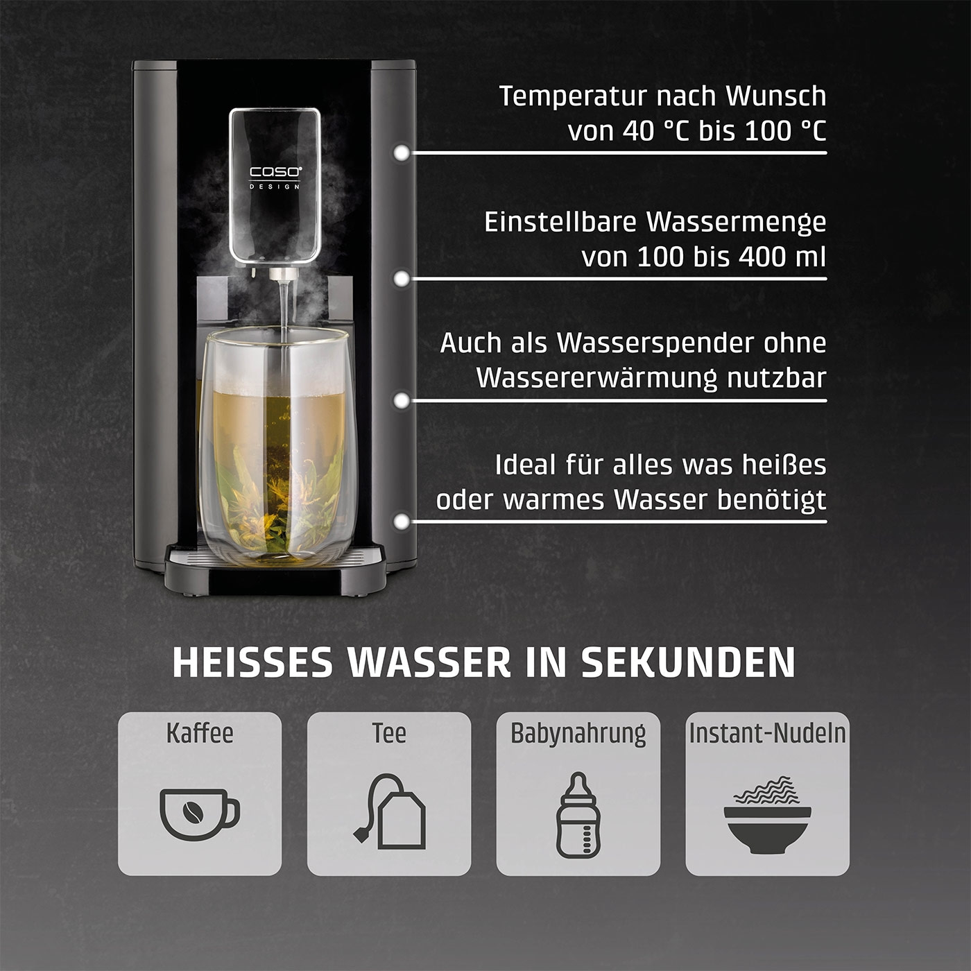 Heißwasserbereiter mit Funktionen für Kaffee, Tee, Babynahrung und Instant-Nudeln.