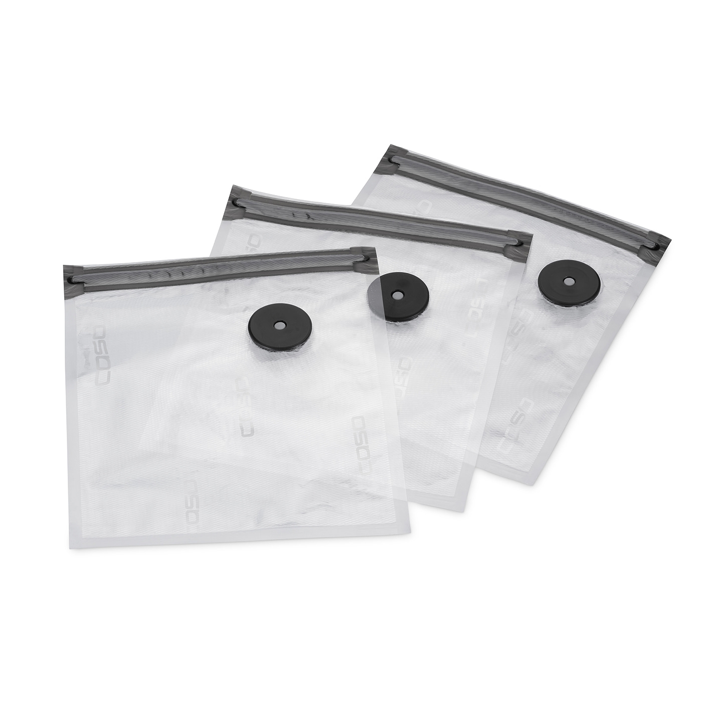 Three transparent vacuum bags with black valves and zippers on a white background.