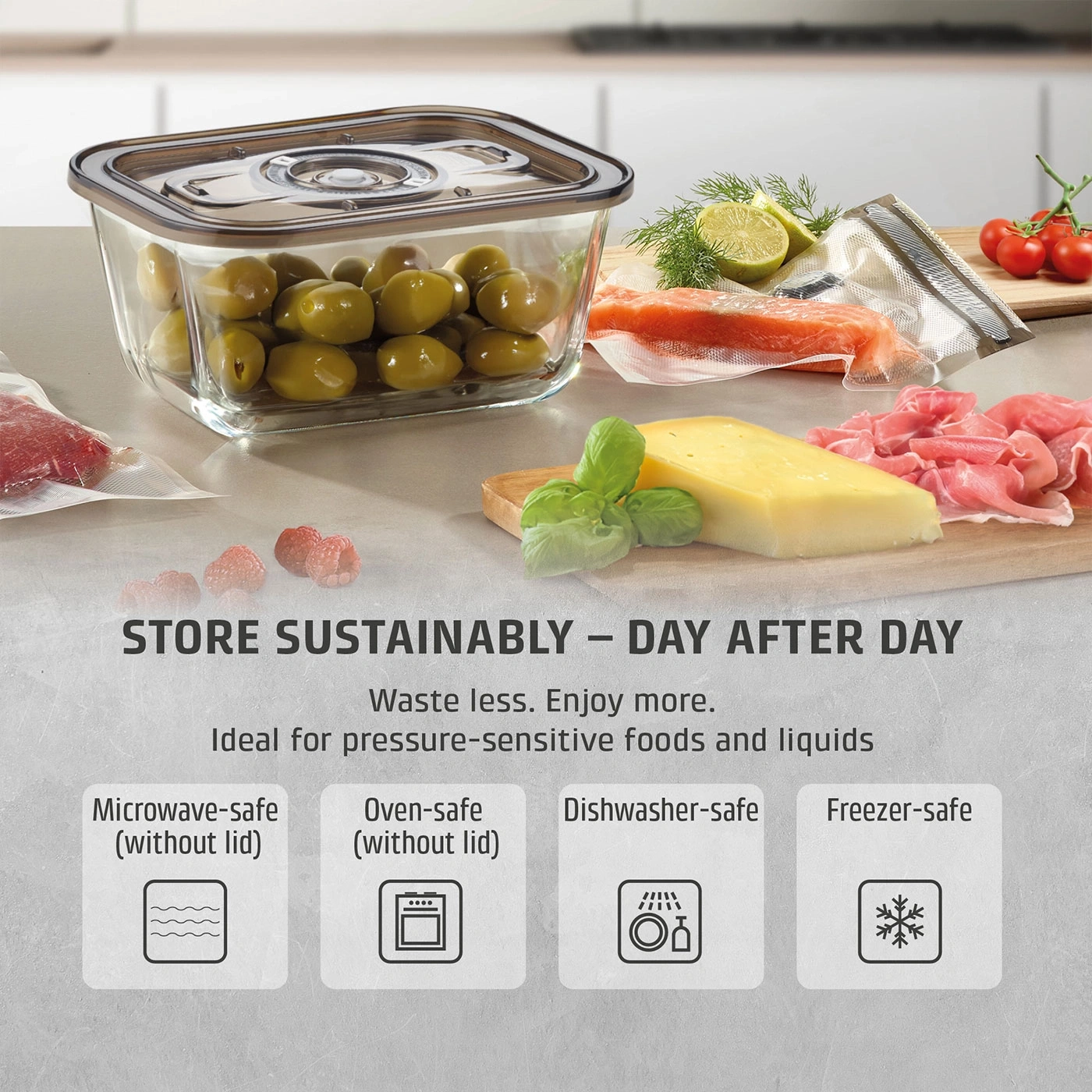 Glass container with olives, cheese, salmon, and ham with protective seal