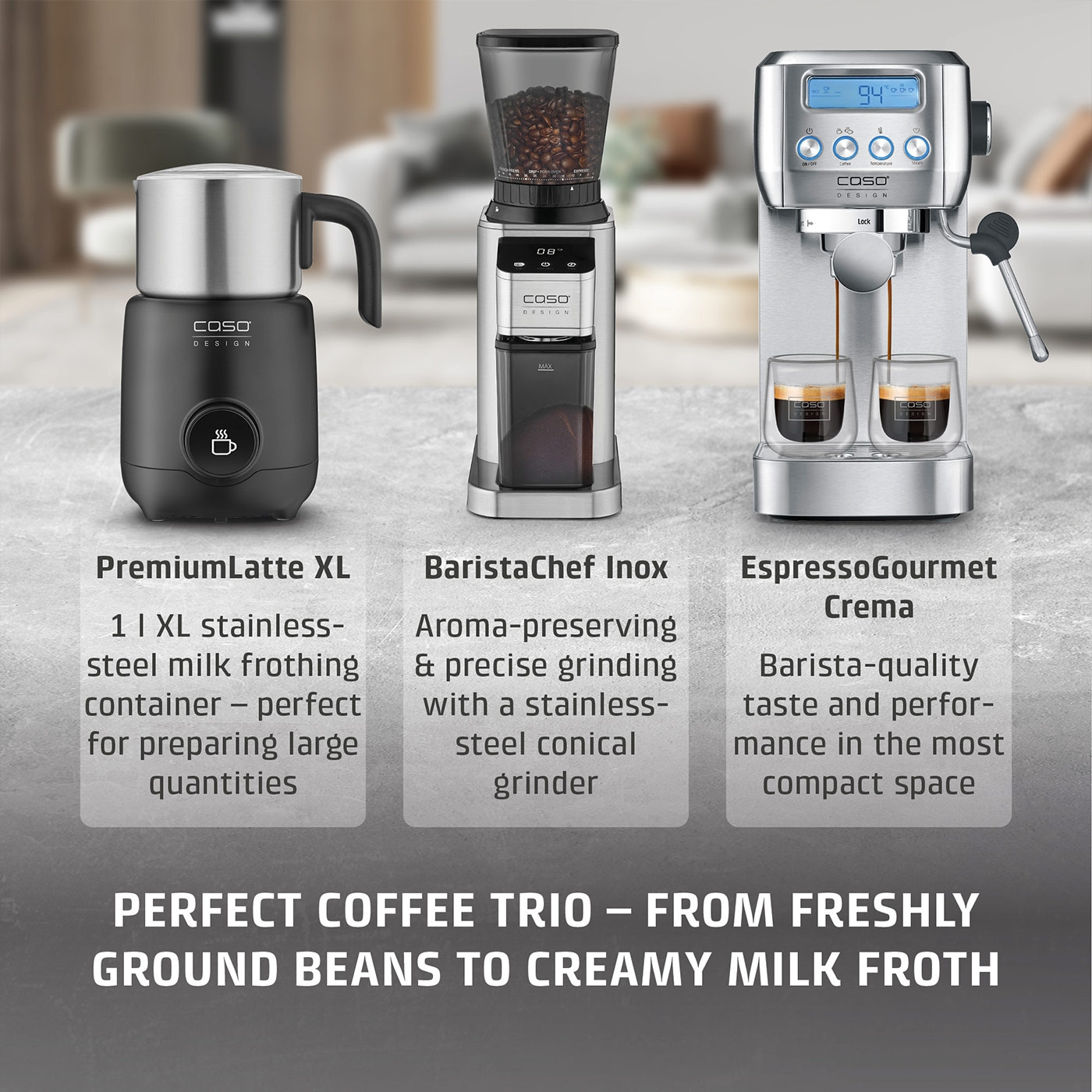 Coffee trio: milk frother, coffee grinder, and espresso machine for perfect coffee enjoyment.