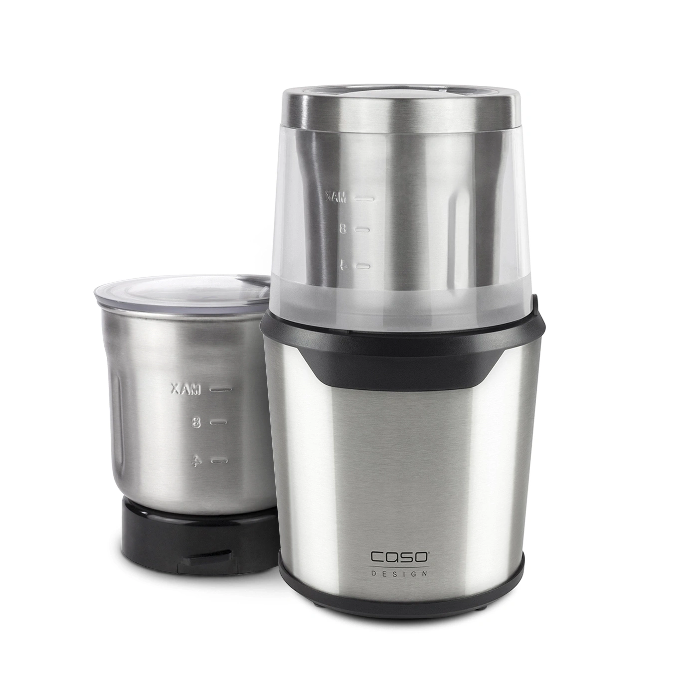 Stainless steel coffee grinder with transparent container and black base. Caso Design.