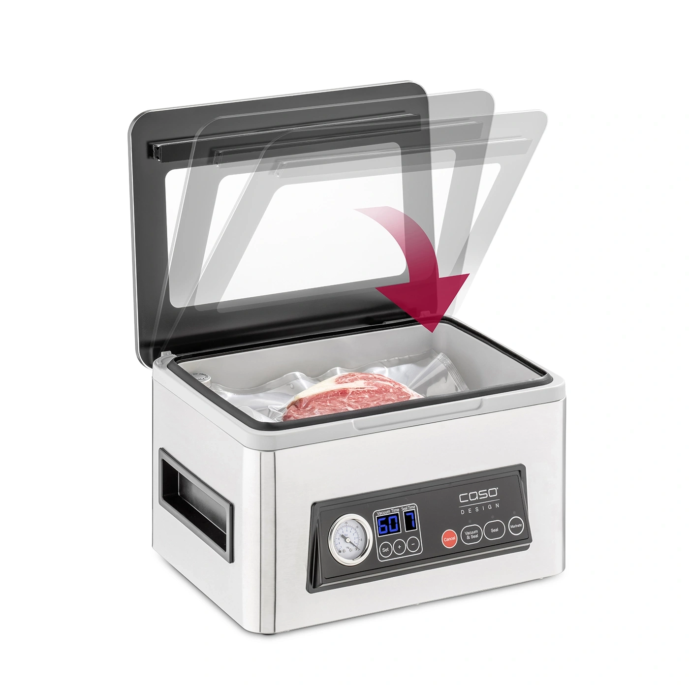 Vacuum sealer with meat, open lid, control panel, Caso Design, stainless steel