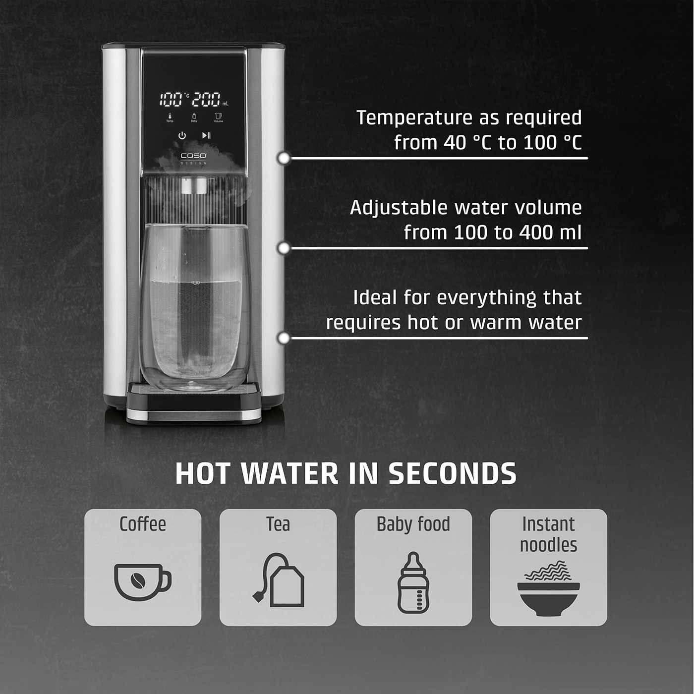 Hot water dispenser with temperature control and water volume adjustment for coffee, tea, baby food, and instant noodles.
