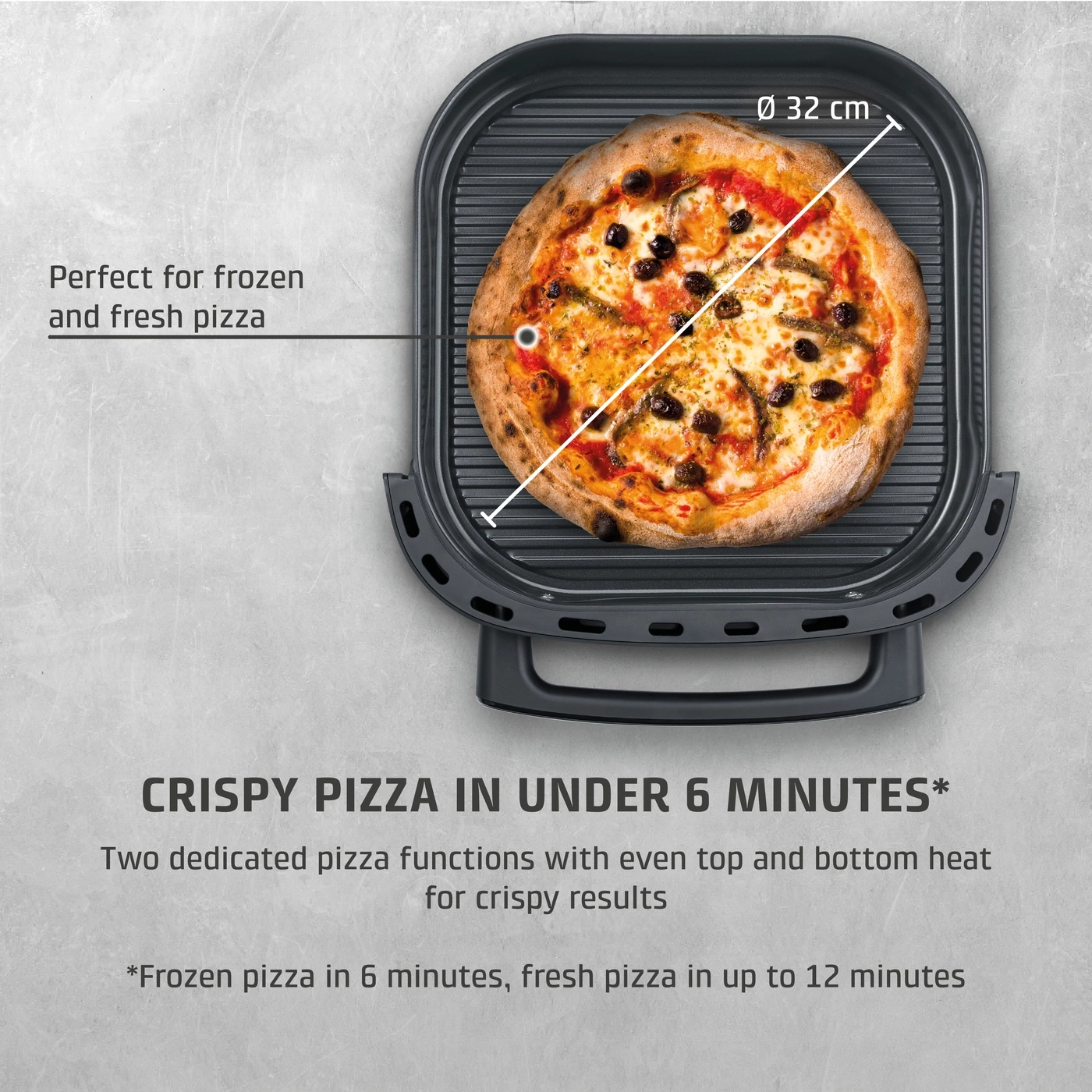 A pizza grill with a diameter of 32 cm.