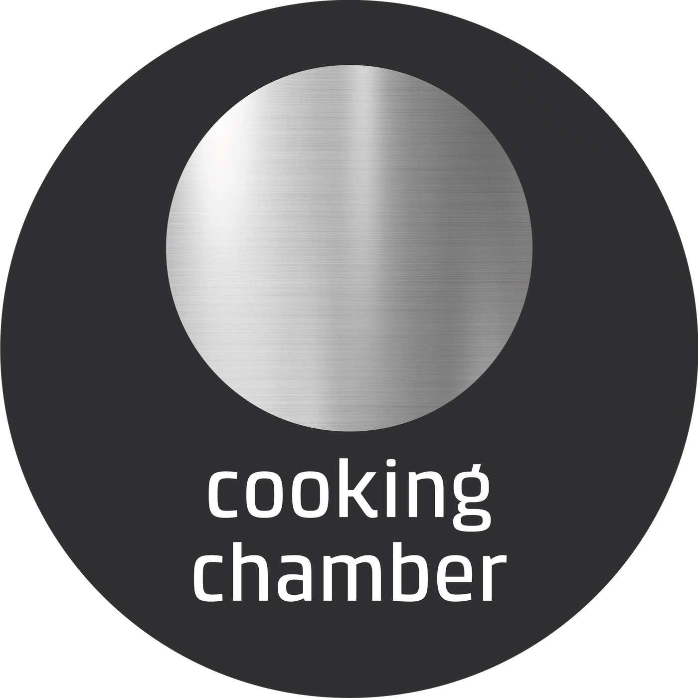 Cooking chamber symbol, circular, with metallic appearance and text below