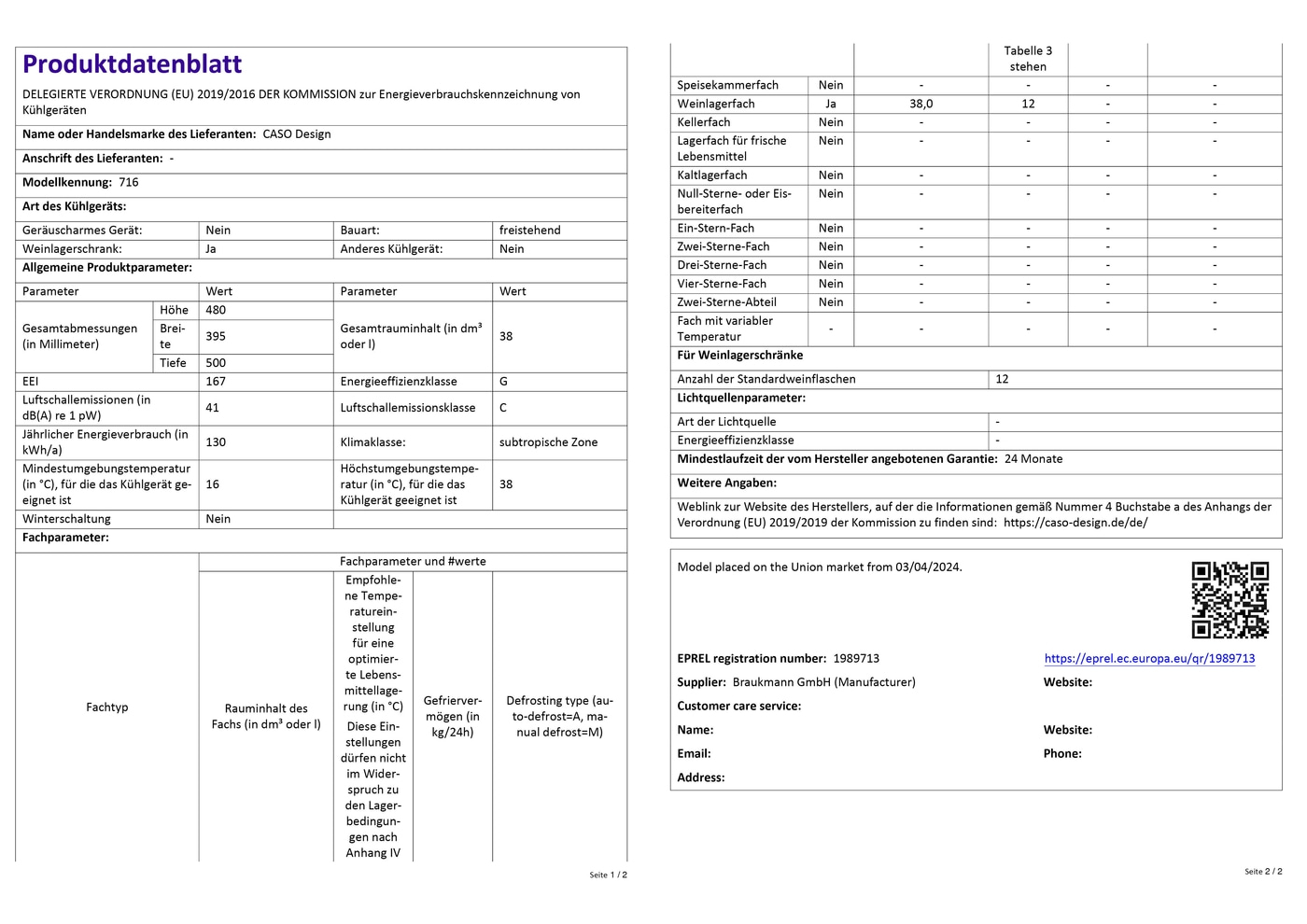 Produktdatenblatt mit technischen Daten zu einem Kühlschrank von CASO Design.