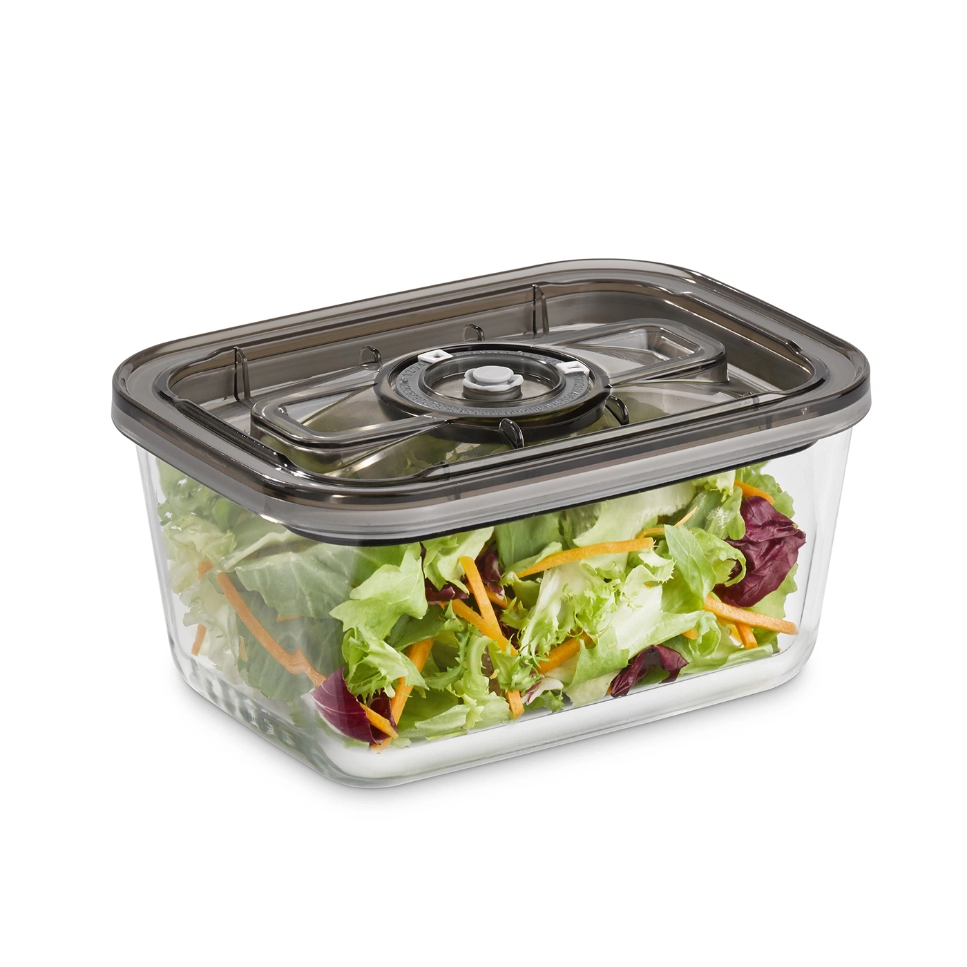 Salad in a clear container with lid, close-up shot, isolated on white