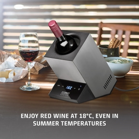 Wine cooler with red wine, glass, cheese, summer, temperature display, enjoyment, table, food, drink, design