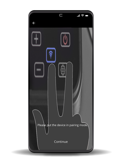 Smartphone screen with hand, prompt for pairing mode, buttons, and 'Continue' text.