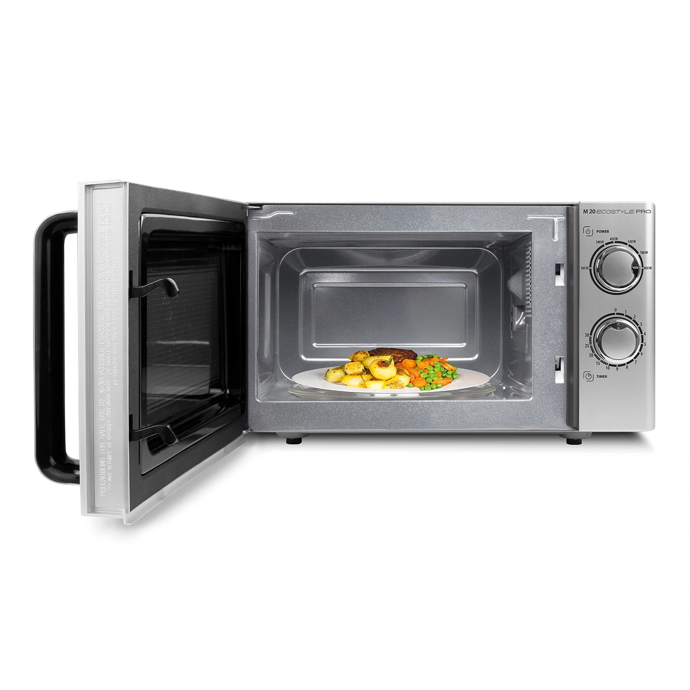 Microwave with food inside, open. M 20 ECOSTYLE PRO, timer and power settings visible.