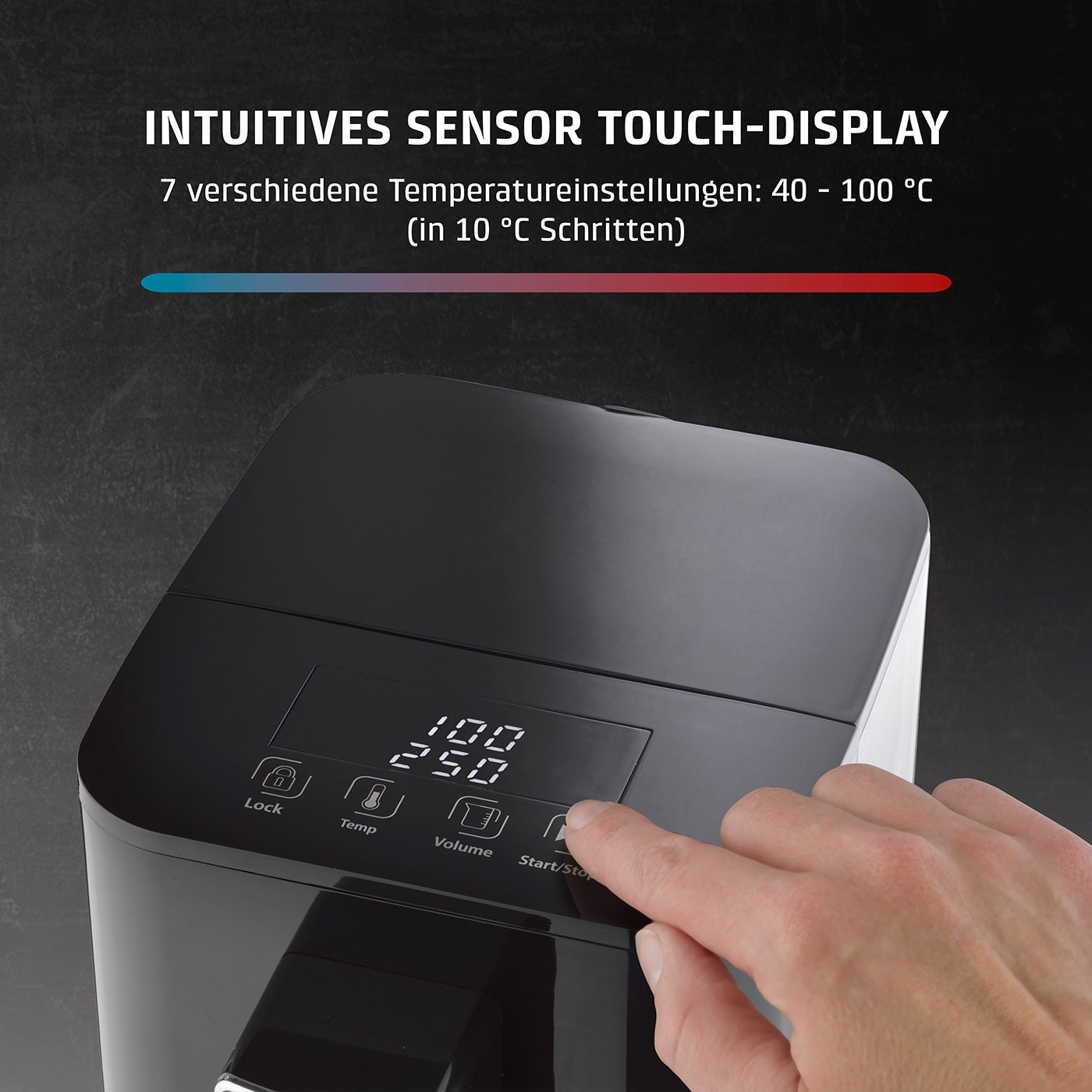 Intuitives Sensor-Touch-Display mit Temperatur- und Lautstärkeregelung.