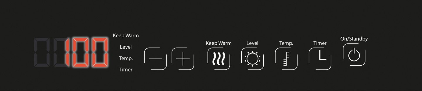 Digitalanzeige mit Funktionen wie Warmhalten, Level, Temperatur, Timer und Ein/Aus-Taste.
