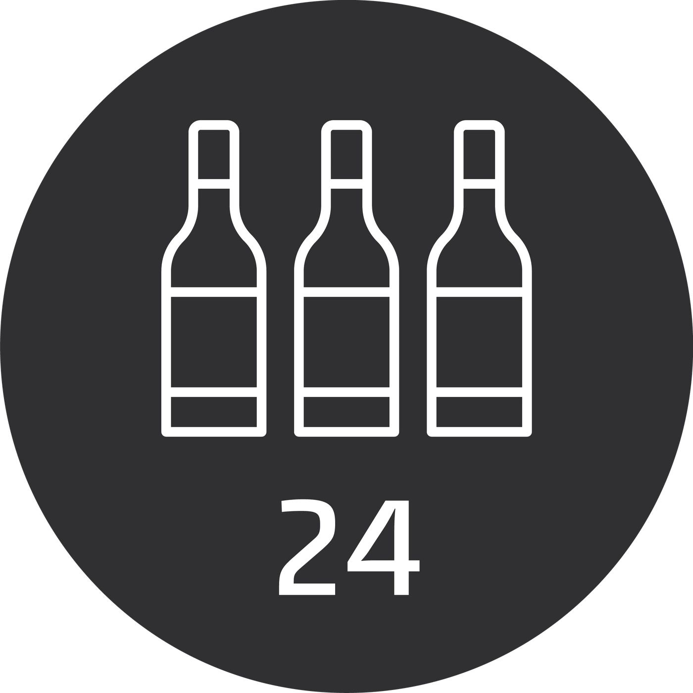 Circle with three bottles and the number 24, for 24 bottles of wine.