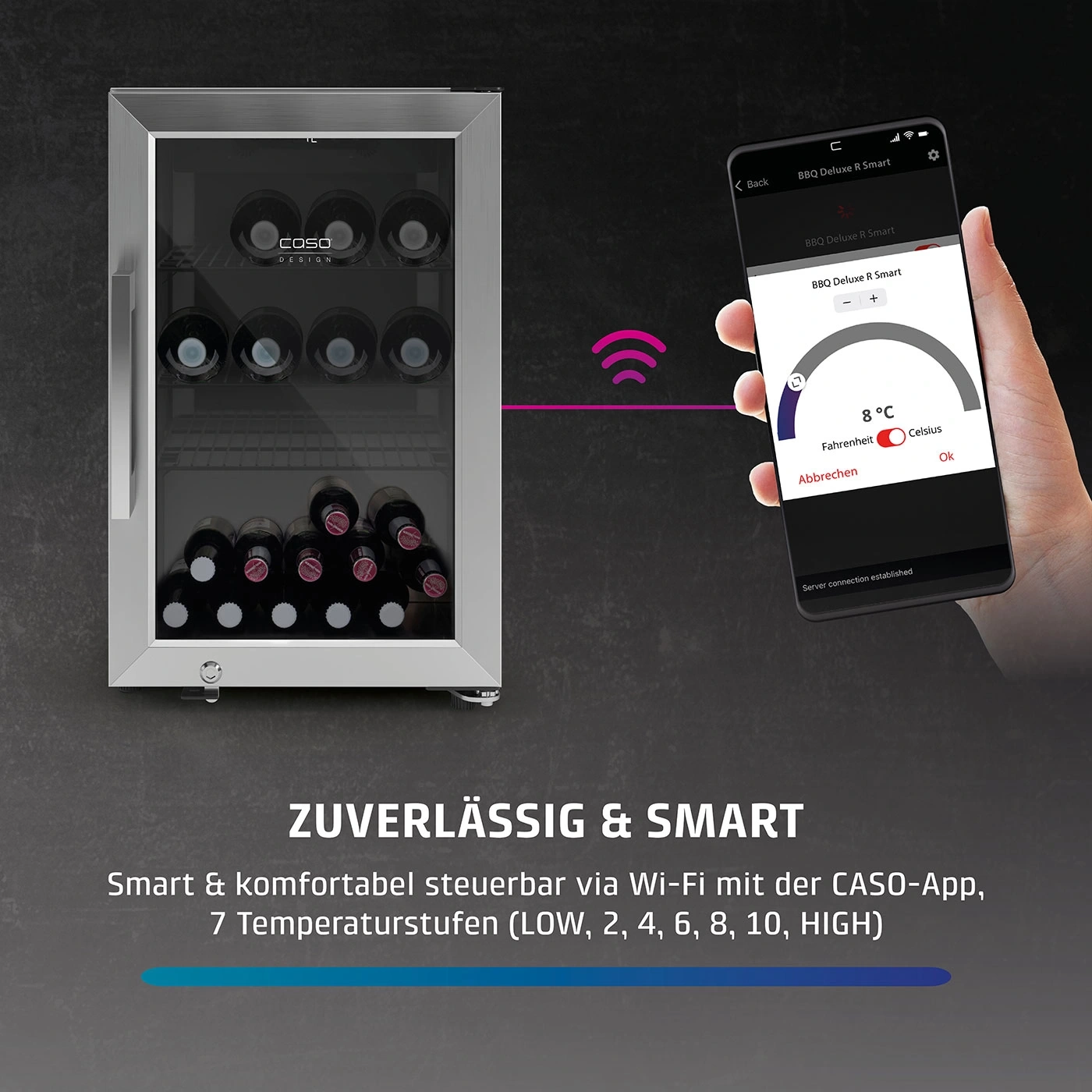 Weinkühlschrank mit Smartphone-Steuerung, Temperaturanzeige und App-Funktion.