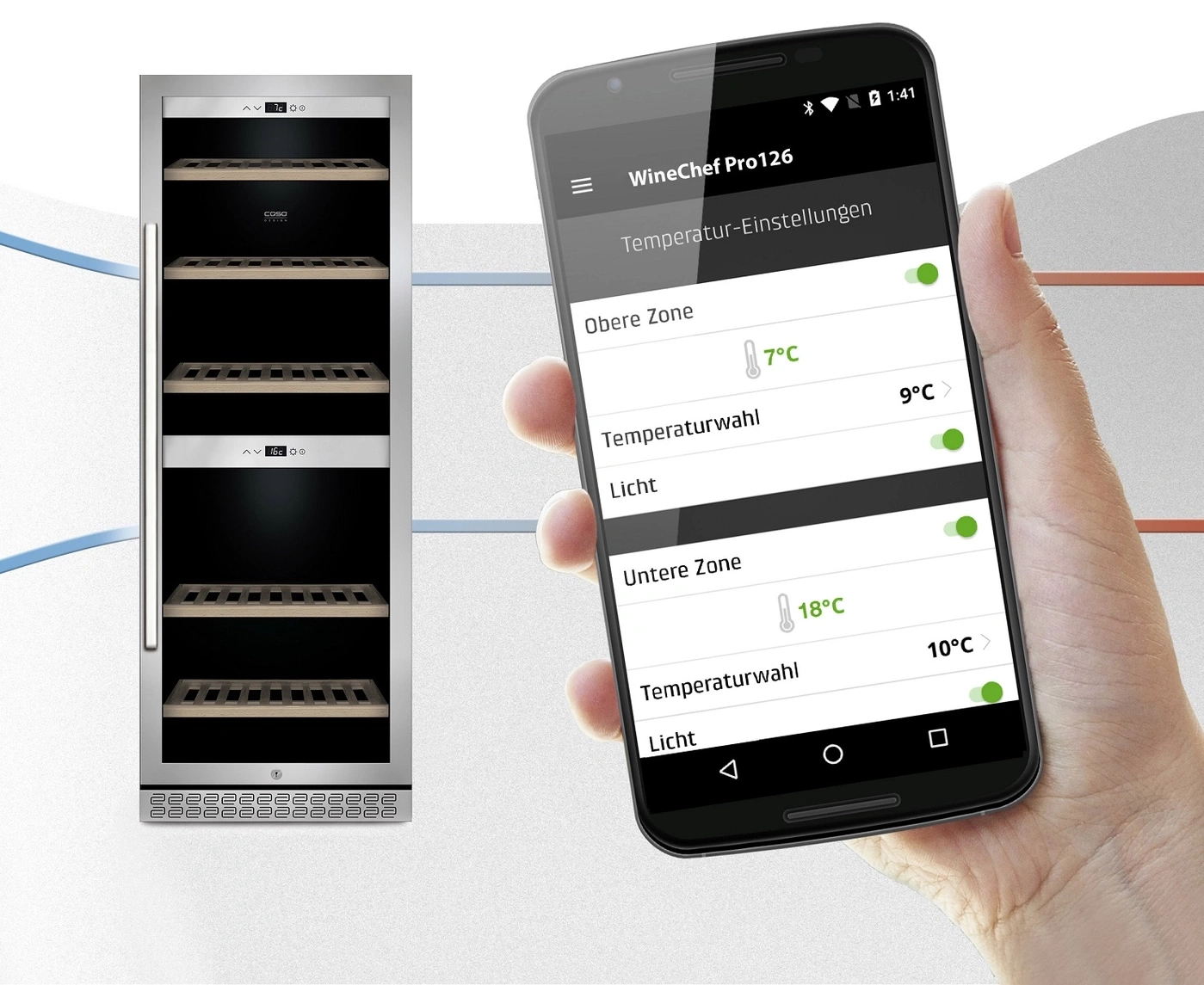 Wine cooler with smartphone app for temperature control.