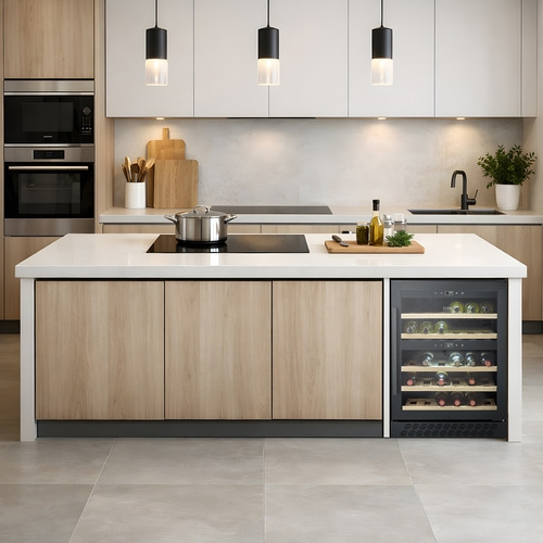Modern kitchen with island, wine fridge, and appliances