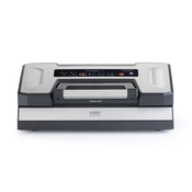 Vacuum sealer, silver and black, with control panel and Caso Design logo.
