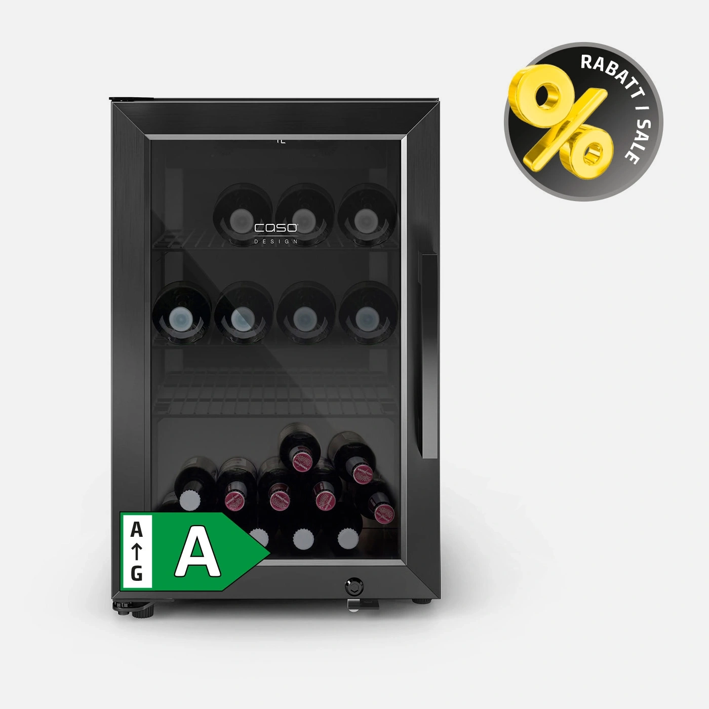 A black wine cooler with bottles and a discount symbol.