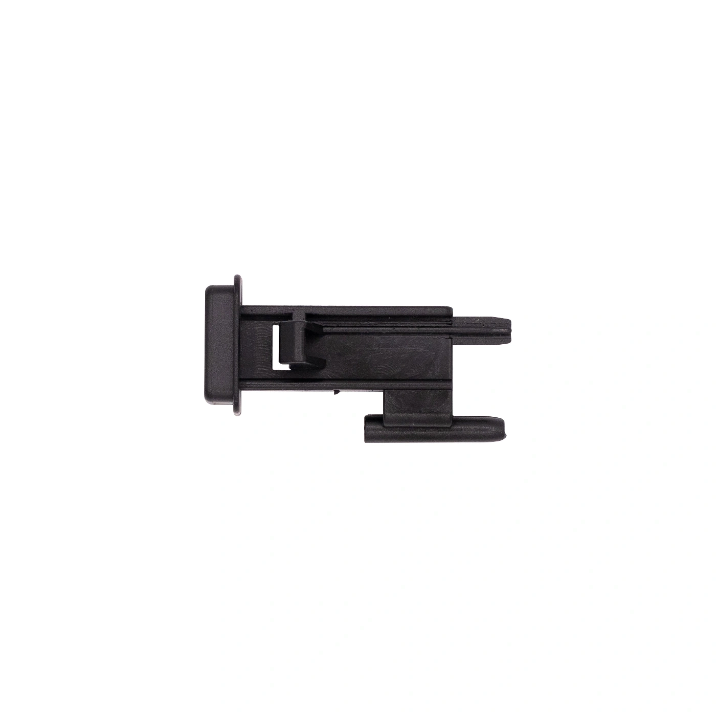 Black plastic part, resembling a hook or bracket, set against a white background.