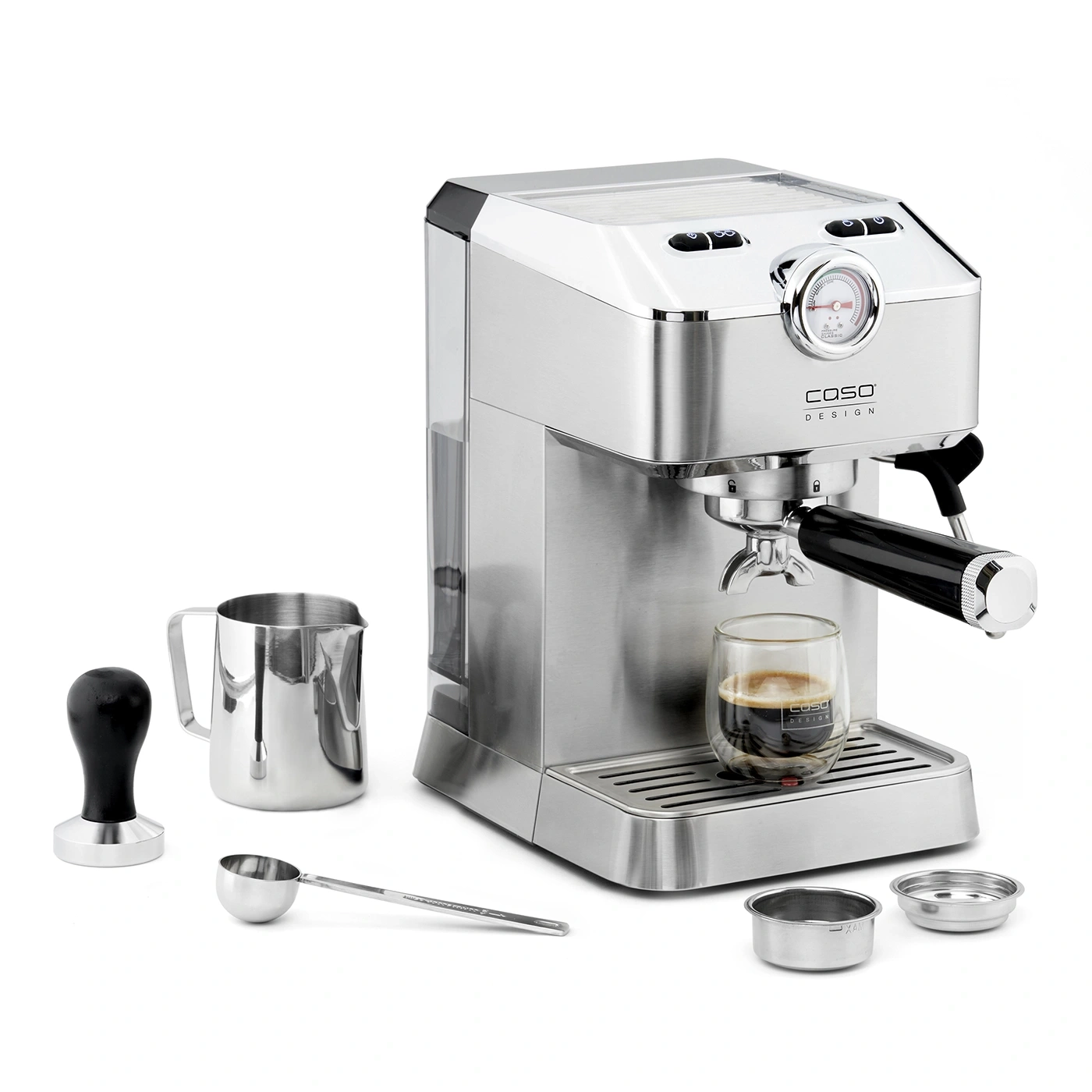Espresso machine with accessories, stainless steel, glass, coffee, Caso Design, modern