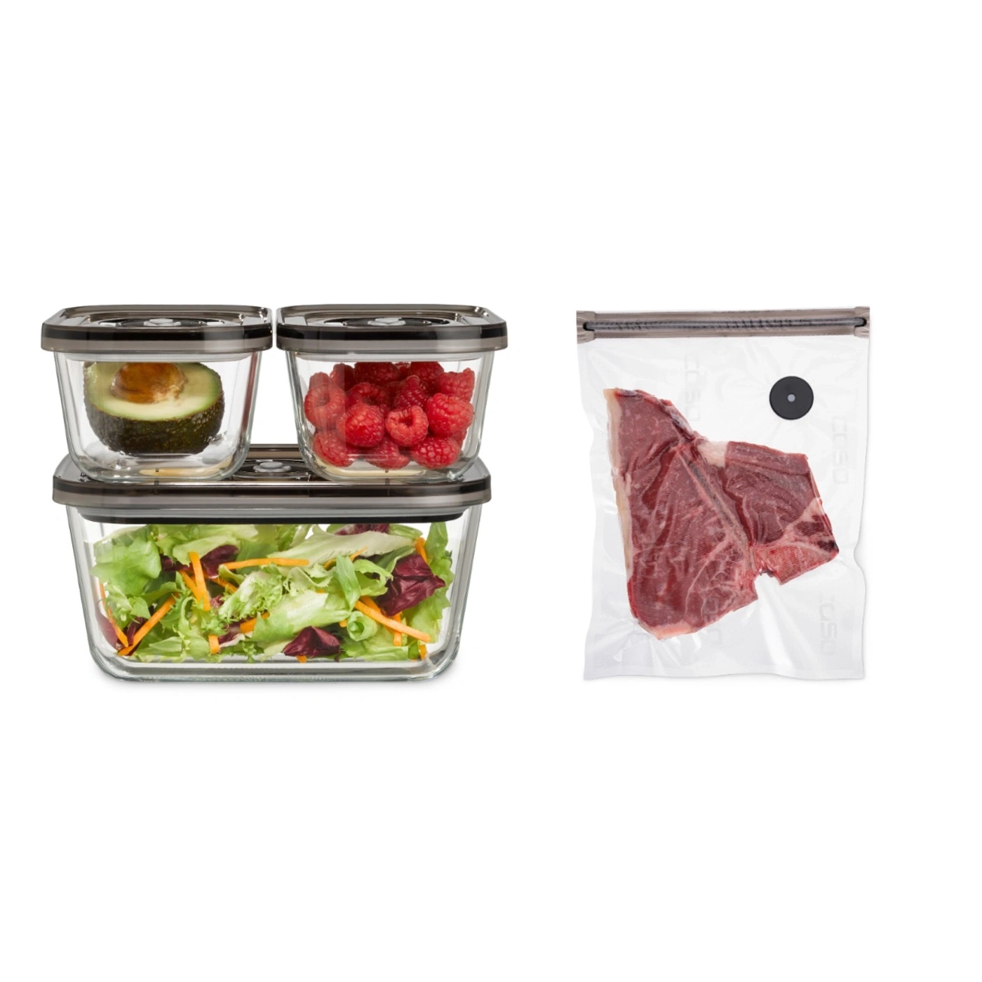 Containers with avocado, raspberries, and salad next to a steak in a vacuum bag