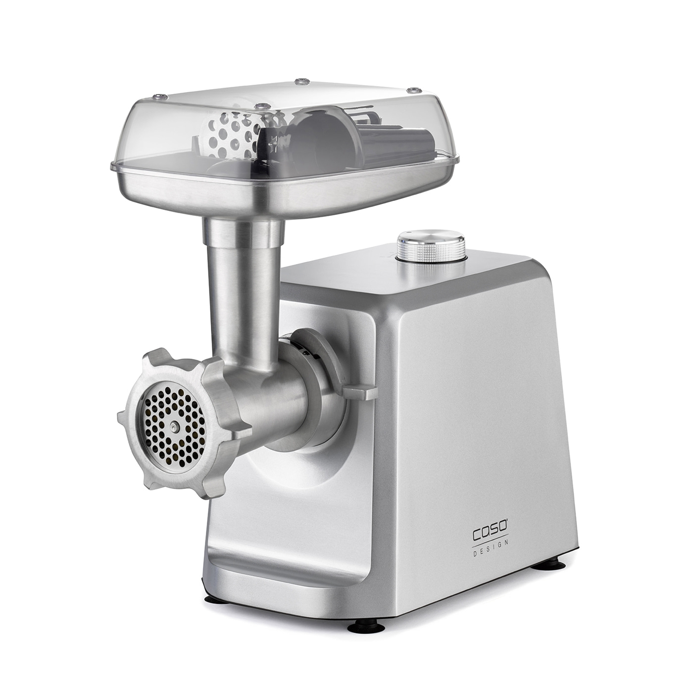 Silver meat grinder with transparent lid, COSO Design, kitchen appliance, electric