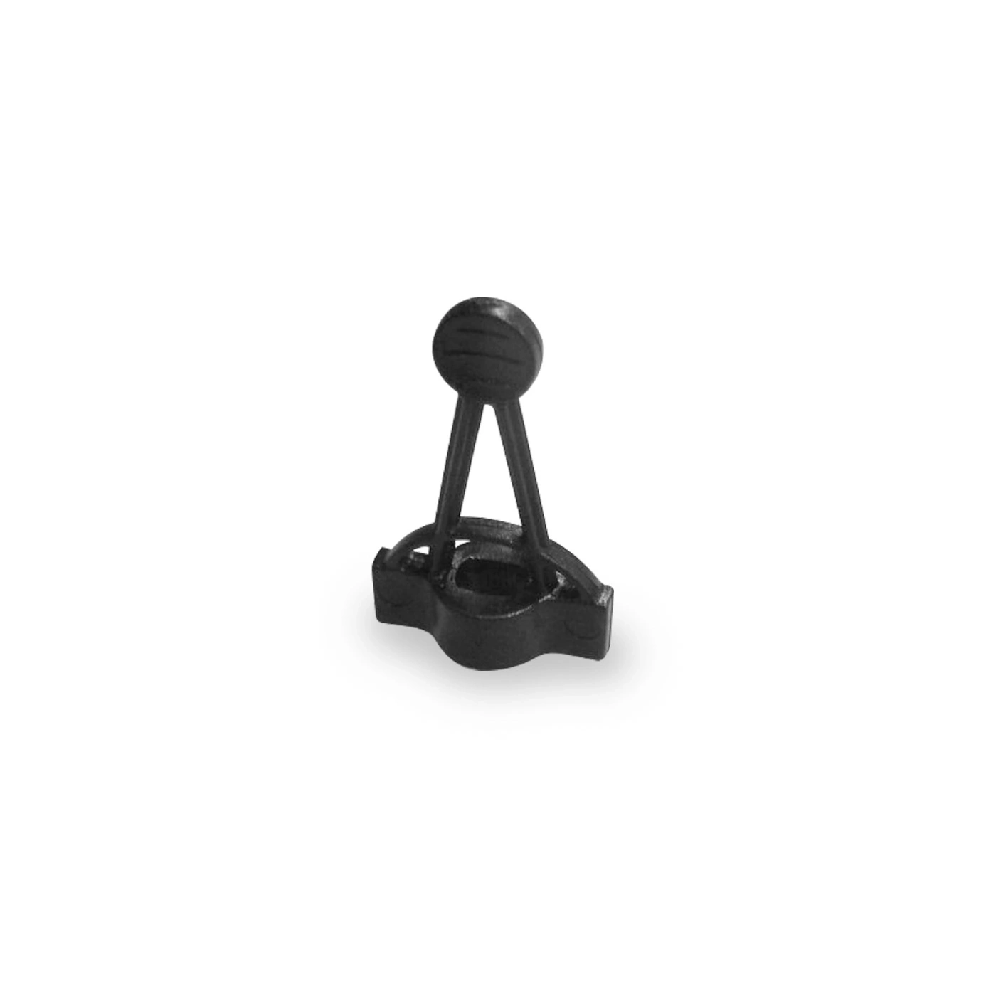 Black plastic part with round head and supports on white background