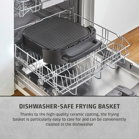 Dishwasher-safe fryer basket placed in a dishwasher.