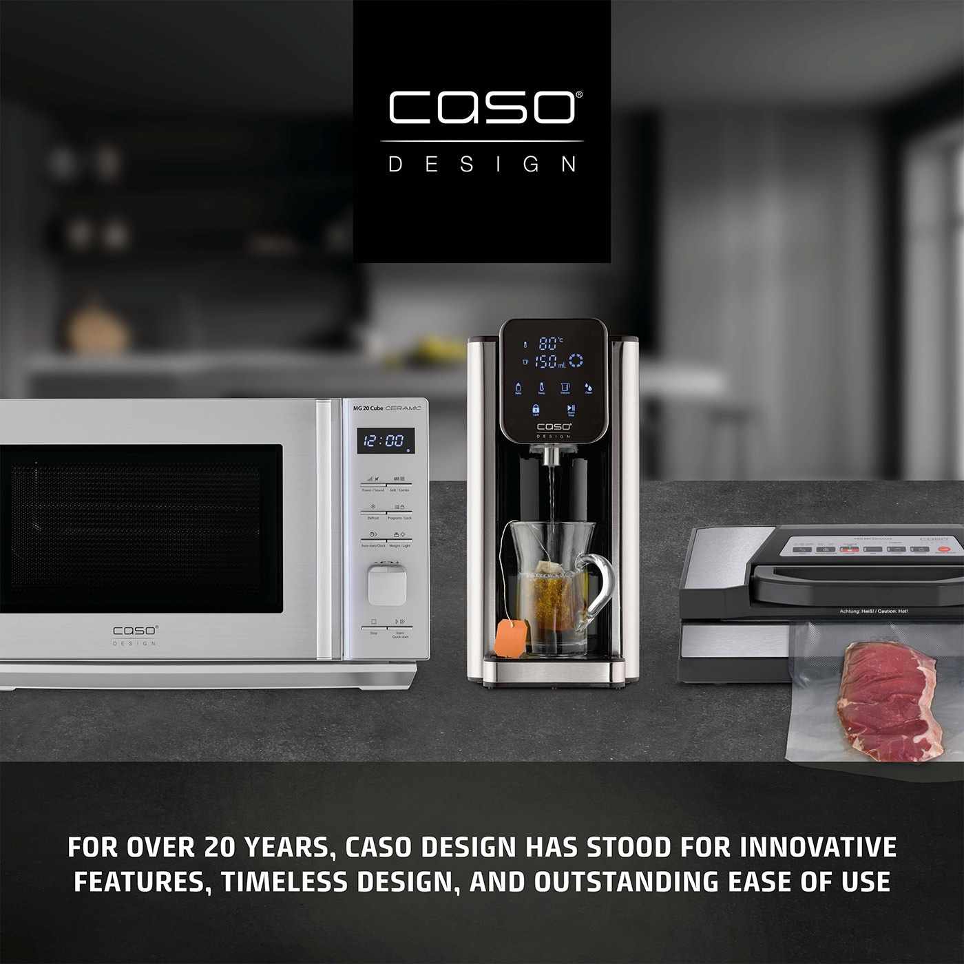 Caso Design kitchen appliances: microwave, tea machine, vacuum sealer. Innovative design.
