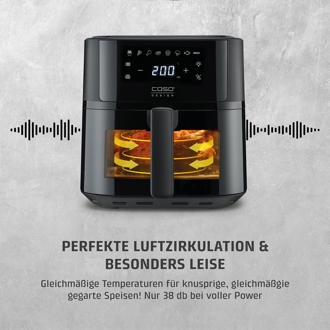 Eine schwarze Heißluftfritteuse mit digitalem Display und Text.