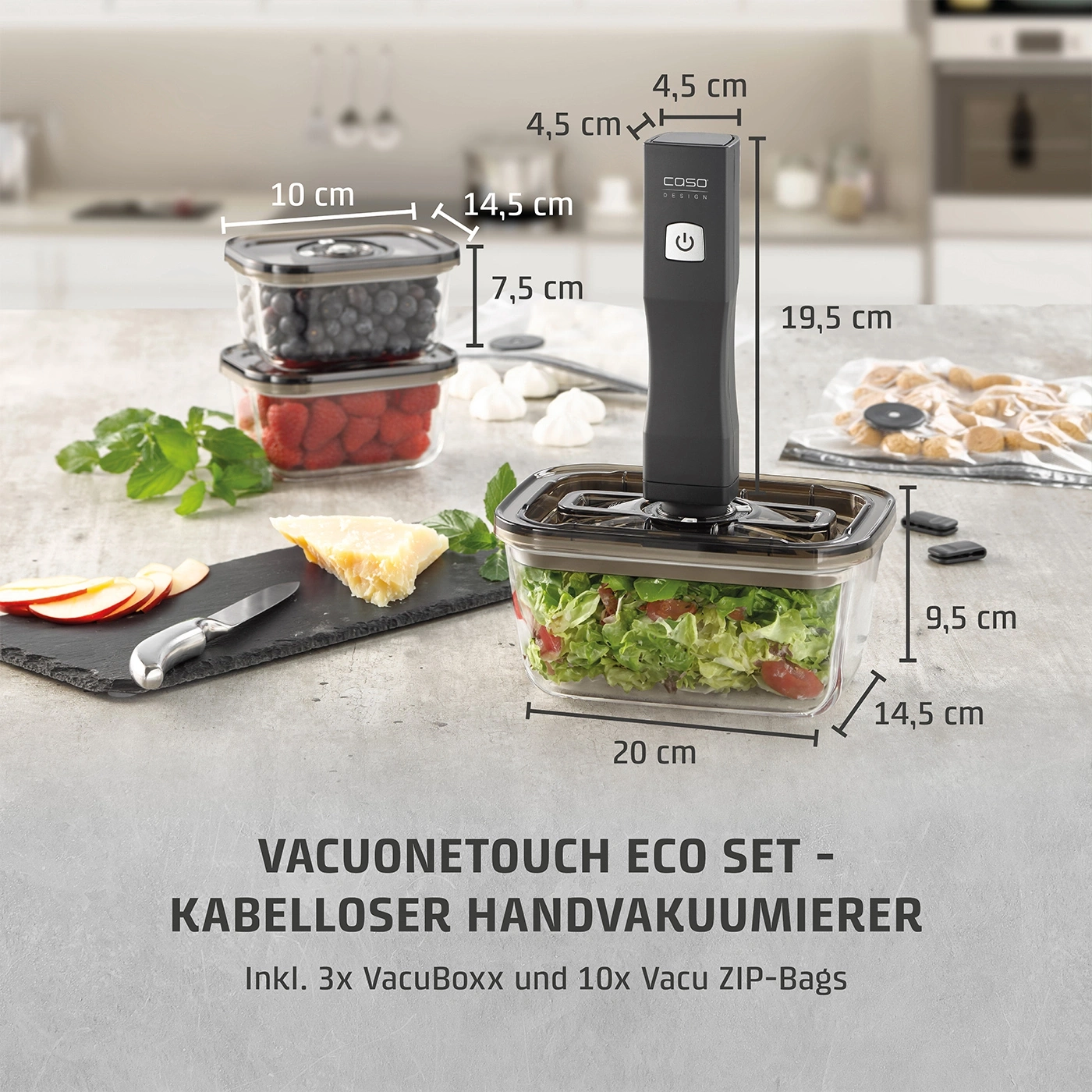 Vakuumierer-Set mit Behältern und Zubehör für die Küche, Gemüse und Obst.