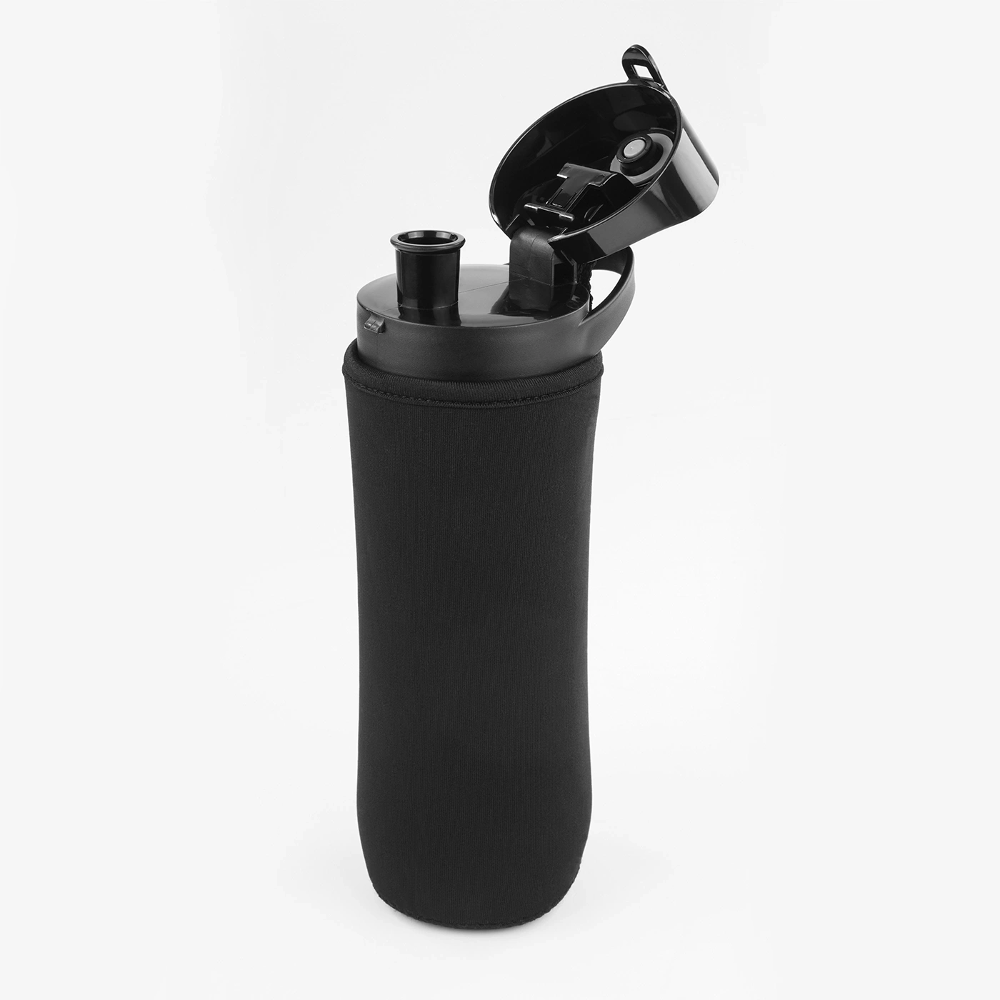 Black water bottle with open lid and black neoprene protective sleeve