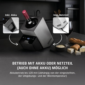 Wine cooler with battery and power supply, bread, cheese and wine