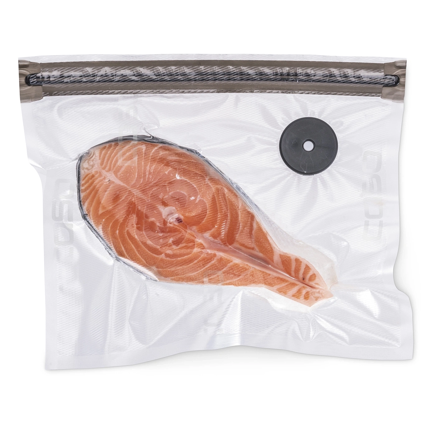 Salmon fillet in vacuum packaging, fresh and ready to cook, isolated on white background