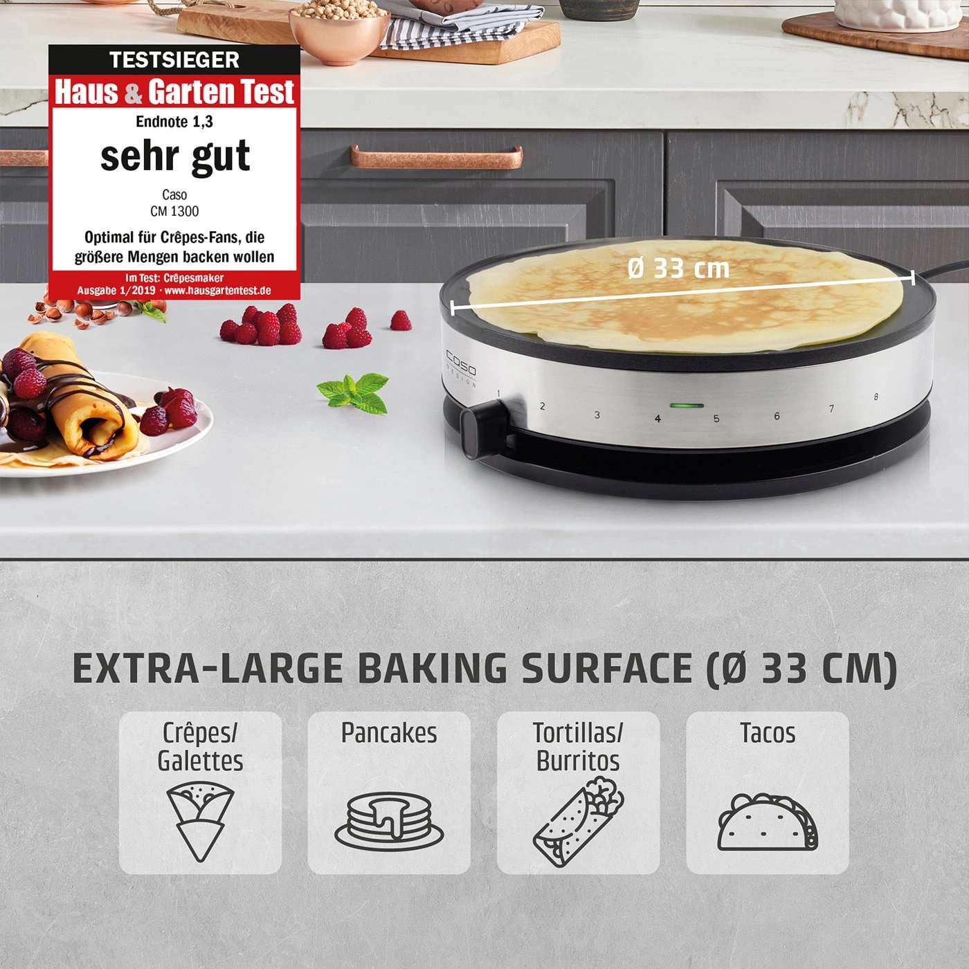 Crepe maker with "very good" test rating and extra-large 33 cm baking surface.